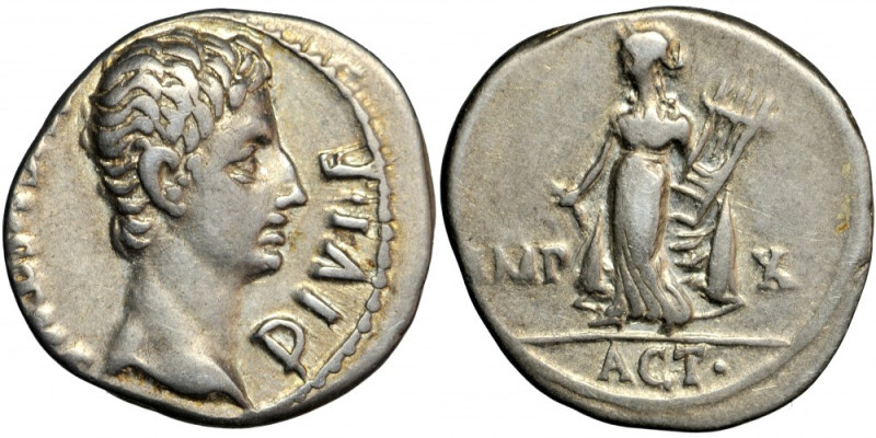 Roman Empire, Augustus (27 BC-AD 14), AR Denarius, 15-13 BC. Lugdunum mint.
Obv...