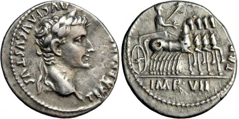 Roman Imperial, Tiberius (AD 14-37), AR Denarius, AD 15-16, mint of Lugdunum.
O...