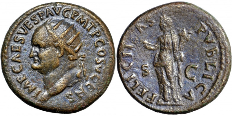 Roman Imperial, Vespasian (69-79), AE Dupondius, AD 74, mint of Rome.
Obv. IMP ...