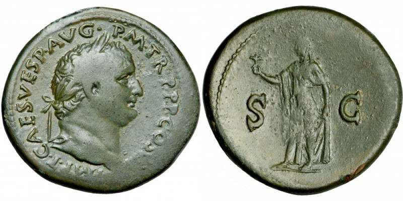 Roman Imperial, Titus (79-81) AE Sestertius, AD 80, mint of Rome.
Obv. IMP T CA...