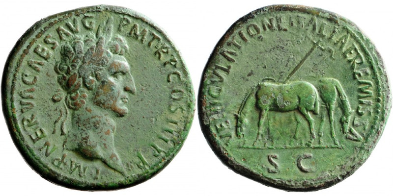 Roman Empire, Nerva (96-98), AE Sestertius, AD 97, Rome mint.
Obv. IMP NERVA CA...