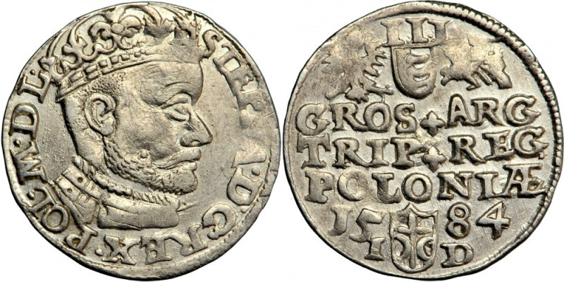 Stephen Batory (Báthory), Crown of Poland, trojak (triple groschen) 1584, Olkusz...