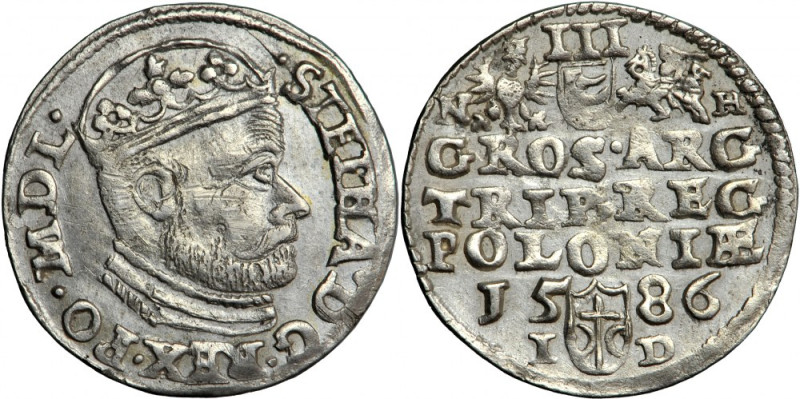 Stephen Batory (Báthory), Crown of Poland, trojak (triple groschen) 1586, Olkusz...