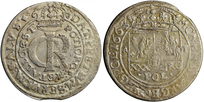 John Casimir, Crown of Poland, złoty (tymf) 1663, Leopol (Lviv) Large R type. Si...