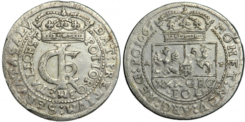 John Casimir, Crown of Poland, złoty (tymf) 1665, Cracow Crowned Vasa shield. Si...