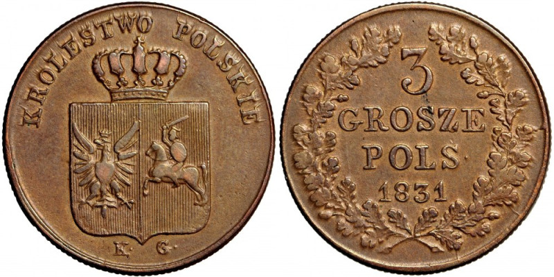 November Uprising, 3 groschen 1831, Warsaw Straight legs of the eagle. Copper, 9...