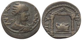 Phrygien. Kibyra. Traianus Decius (249 - 251 n. Chr.).

 Bronze.
Vs: Büste mit Strahlenkrone, Paludament und Panzer rechts.
Rs: Zweisäulige Tempel...