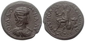 Kappadokien. Tyana. Iulia Domna.

 Bronze. 212 - 213 n. Chr. (Jahr 16).
Vs: Drapierte Büste rechts.
Rs: Roma mit Nike und Lanze auf Waffen nach li...