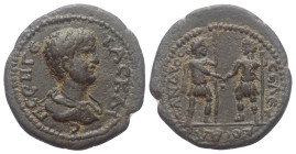 Dekapolis. Abila (?). Geta (209 - 211 n. Chr.).

 Bronze.
Vs: Büste mit Panzer und Paludament rechts.
Rs: Alexander und Seleukos einander gegenübe...