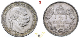 Impero Austriaco Franz Joseph I (1848-1916) 5 Korona 1908 KB Kremnitz, AG. Davenport 123; Her. 777; migliore di Splendido (target 250€)