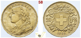 SVIZZERA Confederazione Elvetica, dal 1848 20 Franchi 1922, Berna. Oro, q.Fdc (Target 300€)