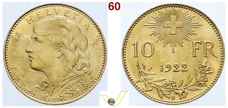 SVIZZERA Confederazione Elvetica, dal 1848 10 Franchi 1922, Berna. Oro, Fdc (Tar...