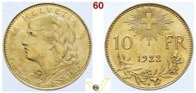 SVIZZERA Confederazione Elvetica, dal 1848 10 Franchi 1922, Berna. Oro, Fdc (Target 150€)