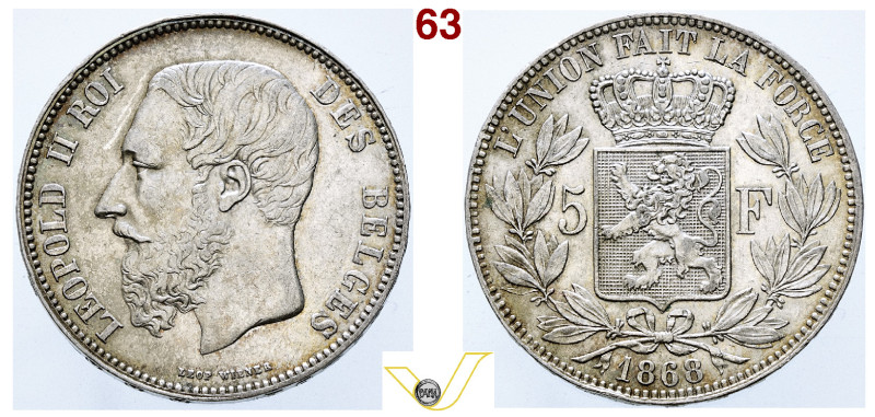 Regno del Belgio Re Leopoldo II 5 Franchi 1868 Bruxelles. AG. Davenport 53. bell...