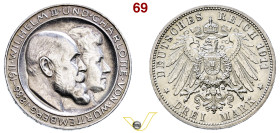Germania Wurttemberg, Wilhelm II (1891-1918) 3 Mark 1911 F. AG. Nozze d'argento con Charlotte. q.Fdc (target 30€)