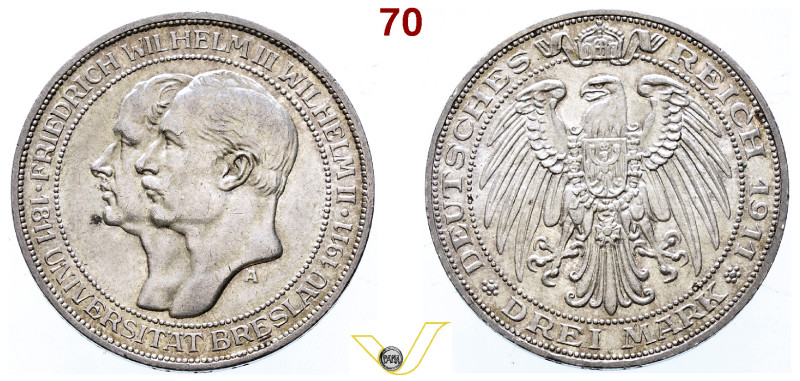 Germania Prussia Wilhelm II (1888-1918) 3 Mark 1911 A, AG, Universität Breslau. ...