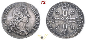 Regno di Francia Luiois XIV "le Roi Soleil" (1643-1715) ¼ écu aux 8 L, 2ème type - 1704 A (Paris) AG. Gadoury 161; L4L 328; Duplessy 1553. Intensa pat...