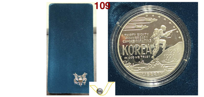 US 1 Dollaro Korean War Memorial Coin 1991 AG, Proof in confezione originale (ta...