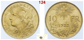Confederazione Elvetica 10 Franchi 1922 B, oro. Fdc (targt 120€)