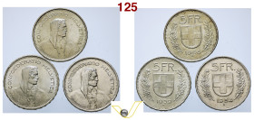 Confederazione Elvetica 5 Franchi 1954 B, AG. (Spl); 5 Franchi 1939 B, AG (Spl+); 5 Franchi 1866 B, AG (Fdc) (3) (targt 20€)