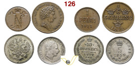 Vari stati, Lombardo Veneto 5 Centesimi 1859 M, AG (q.Fdc); Russia 10 Kopeki 1870 S.P.B, AG (Spl+); Finlandia 1 Penni 1915, CU (Spl); Svezia 1/6 Skill...