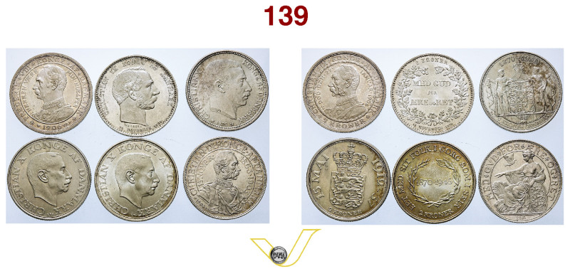 Regno di Danimarca 6 monete in argento da 2 corone 1906 (fdc), 1906 (q.Fdc), 194...