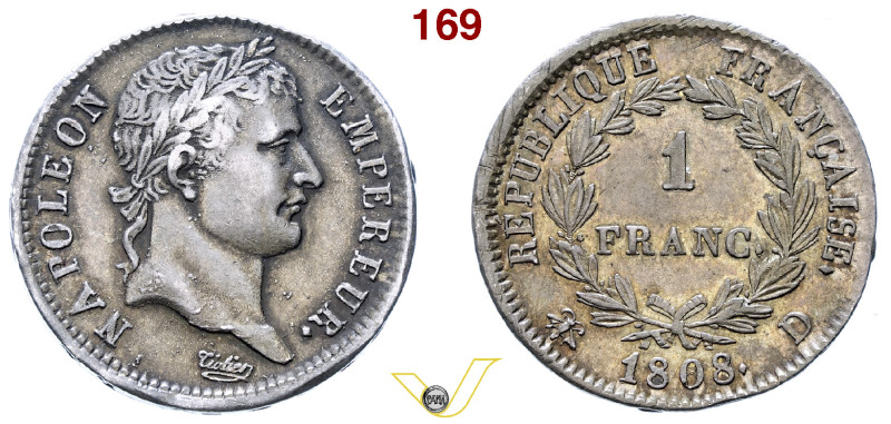 Impero Francese (1804-1814) 1 Franco 1808 D Lione, AG gr. 4,91 Non comune BB/Spl...