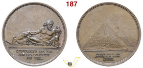 Medaglia Conquista del basso Egitto 1798, op. Brenet. Bronzo gr. 15,13 - Ø 33,1mm D/ Il Nilo su letto a forma di sfinge, a sinistra BRENET; in esergo,...