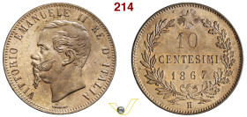 Regno d'Italia Vittorio Emanuele II (1860-1878) 10 Centesimi 1867 H Birmingham (H) Cu g 9,73 mm 3. MIR 1092l Pagani 549 0, in conservazione eccezional...