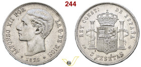 Regno di Spagna Alfonso XII (1874-1885). 5 peseta. 1879*18-79. Madrid. EMM. (Cal-31). AG g. 24,82. Splendido (target 170€)
