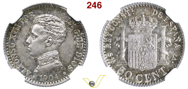 Regno di Spagna Alfonso XIII (1886-1831) 50 Centesimi 1904 Madrid, AG, in slab C...