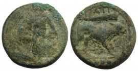 Northern Apulia, Teate, c. 225-200 BC. Æ Quadrunx (24mm, 12.45g, 11h). Head of Herakles r., wearing lion skin. R/ Lion r.; club above, star below, fou...