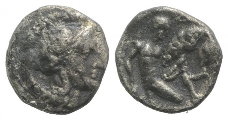 Southern Apulia, Tarentum, c. 380-325 BC. AR Diobol (10mm, 1.15g, 7h). Helmeted ...