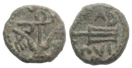 Northern Lucania, Paestum, c. 90-44 BC. Æ Semis (11mm, 2.40g, 5h). Anchor. R/ Rudder. Crawford 35/1; HNItaly 1254. Green patina, VF