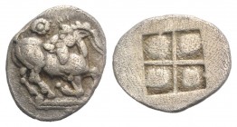 Thraco-Macedonian Tribes, Mygdones or Krestones, c. 485-470 BC. AR Diobol (12mm, 0.96g). Goat kneeling r., head l.; above, pellet in circle. R/ Quadri...