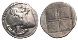 Macedon, Akanthos, c. 470-390 BC. AR Tetrobol (14mm, 2.14g). Forepart of bull l., head r.; akanthos flower above. R/ Quadripartite incuse square with ...