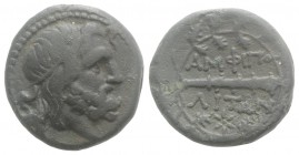 Macedon, Amphipolis, c. 187-31 BC. Æ (20mm, 6.47g, 9h). Helmeted head of Roma r. R/ Club r.; two monograms above, monogram below; all within wreath. C...