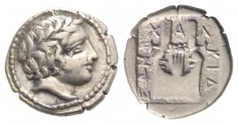 Macedon, Chalkidian League, Olynthos, c. 415-410 BC. AR Tetrobol (13mm, 2.21g, 9h). Laureate head of Apollo r. R/ Kithara within incuse square. Robins...
