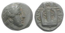 Macedon, Chalkidean League, Olynthos, c. 360-348 BC. Æ (14mm, 4.78g, 7h). Laureate head of Apollo r. R/ Kithara. SNG ANS 552-3. Dark green patina, VF