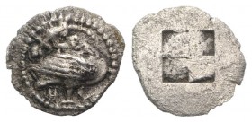 Macedon, Eion, c. 5th century BC. AR Diobol (11mm, 0.79g). Goose standing r., head l.; lizard above. R/ Quadripartite incuse square. SNG ANS 287-290; ...