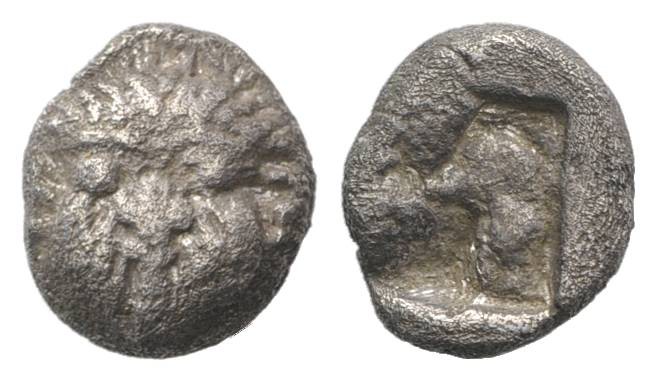 Macedon, Neapolis, c. 500-480 BC. AR Obol (8mm, 0.88g). Facing gorgoneion. R/ Qu...