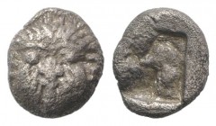 Macedon, Neapolis, c. 500-480 BC. AR Obol (8mm, 0.88g). Facing gorgoneion. R/ Quadripartite incuse square. SNG ANS 424. Good Fine