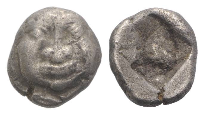 Macedon, Neapolis, c. 500-480 BC. AR Obol (8mm, 0.98g). Facing gorgoneion. R/ Qu...