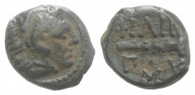 Kings of Macedon, Philip II (359-336 BC). Æ (11mm, 1.57g, 9h). Head of Herakles r., wearing lion skin. R/ Club; M below. SNG ANS 990. Green patina, VF...