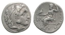 Kings of Macedon, Philip III Arrhidaios (323-317 BC). AR Drachm (16mm, 3.94g, 11h). Kolophon, c. 322-319 BC. Head of Herakles r., wearing lion skin. R...