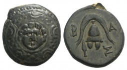 Kings of Macedon, Philip III Arrhidaios (323-317 BC). Æ Half Unit (16mm, 4.25g, 1h). Salamis, under Nikokreon. Macedonian shield, facing gorgoneion on...
