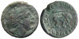 Macedon Koinon, 3rd century AD. Æ (25mm, 9.92g, 12h). Diademed head of Alexander r. R/ Lion walking r., club above Cf. AMNG III 670. Corrosions, near ...