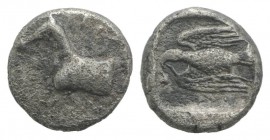 Kings of Thrace, Sparadokos (c. 464-444 BC). AR Diobol (9mm, 1.27g, 12h). Forepart of horse l. R/ Eagle flying l., holding serpent in beak. Topolav 63...