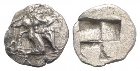Island of Thrace, Thasos, c. 500-480 BC. AR Trihemiobol (10mm, 0.97g). Archaic satyr kneeling r. R/ Quadripartite incuse square. SNG Copenhagen 192 (L...