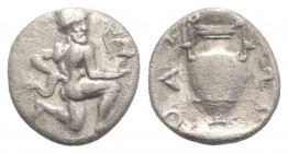 Island of Thrace, Thasos, c. 404-340. AR Trihemiobol (10mm, 0.73g, 6h). Satyr running r. carrying Kantharos. R/ Amphora. Le Rider 26; SNG Copenhagen 1...